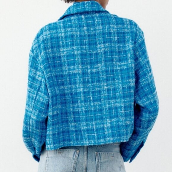 Zara Women's Plaid Tweed Cropped Long Sleeve Button Down Blazer Top Blue Size L. - Picture 6 of 16
